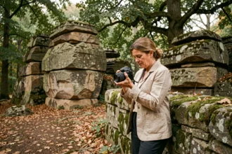 Photographe professionnelle en forêt de Fontainebleau consultant ses prises de vue près des rochers de grès