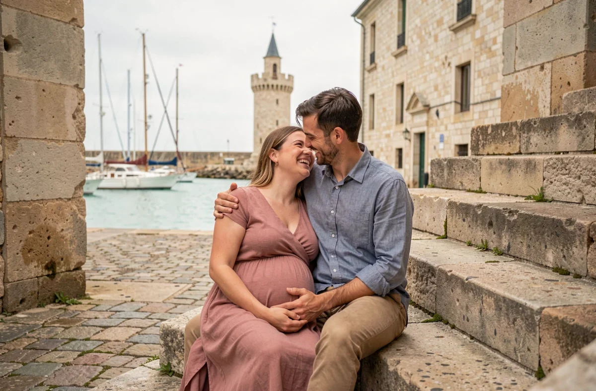 Couple attendant un bébé assis sur les marches du Vieux-Port de La Rochelle avec les tours en arrière-plan