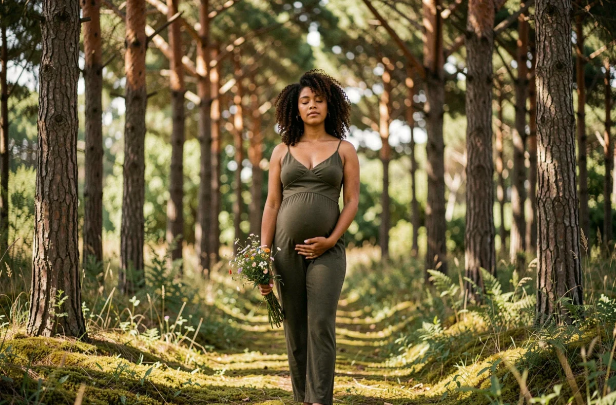 Femme enceinte en combinaison olive dans une forêt de pins près de La Rochelle tenant un bouquet de fleurs sauvages