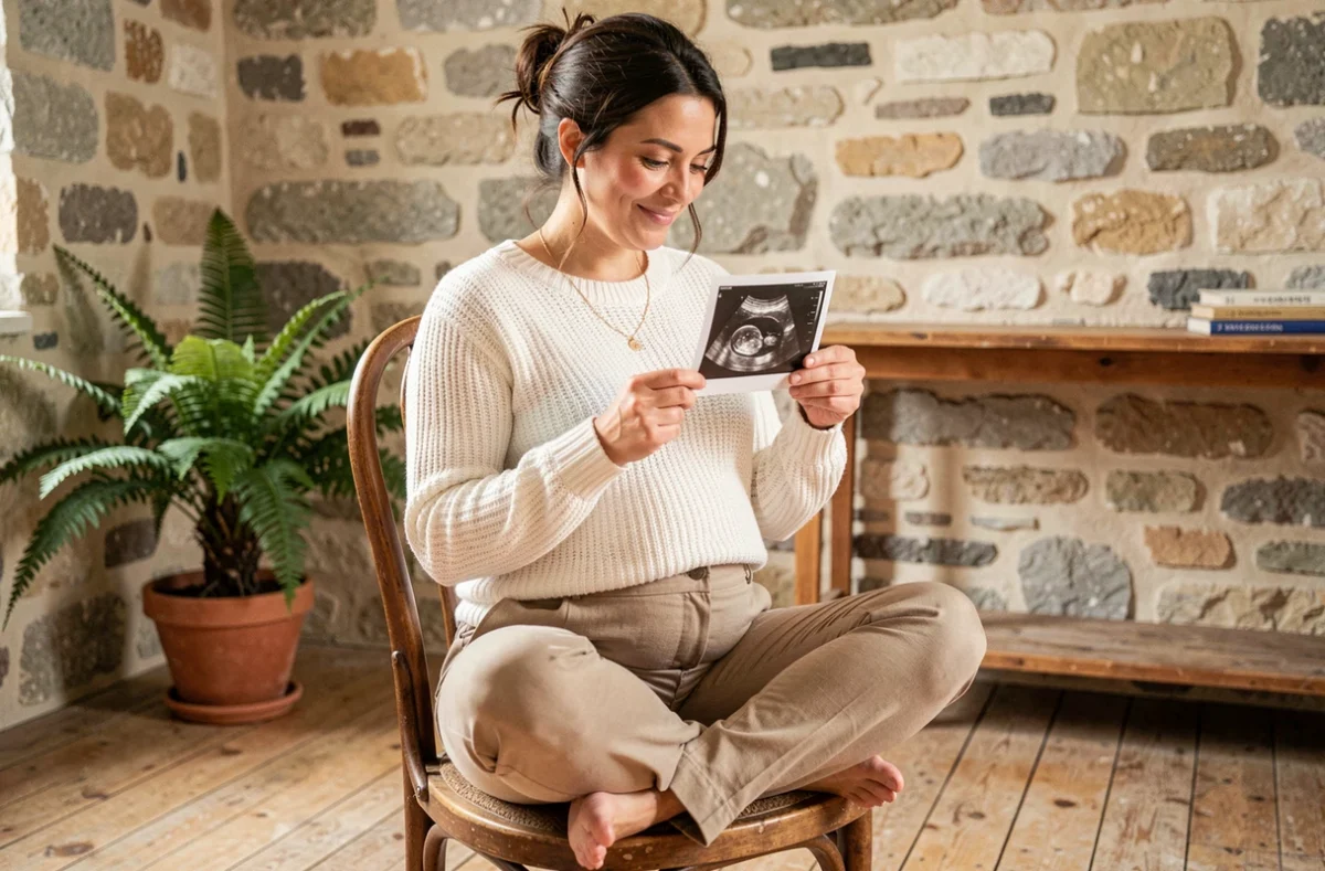 Femme enceinte tenant une échographie dans un studio avec murs en pierre à La Rochelle