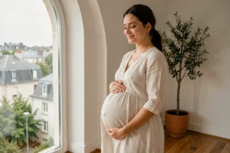 Femme enceinte en robe de lin ivoire posant dans un intérieur lumineux avec vue sur les toits du Val-de-Marne, photo de grossesse naturelle et élégante