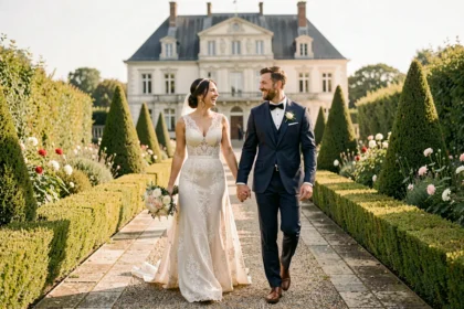 Couple de mariés se promenant dans un jardin de château en Essonne, photographie de mariage en grand angle