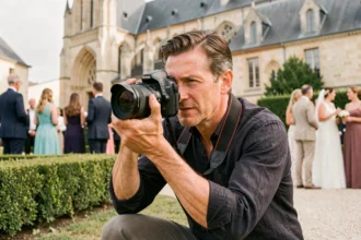 Photographe professionnel capturant une cérémonie de mariage en extérieur devant l'Abbaye de Vendôme