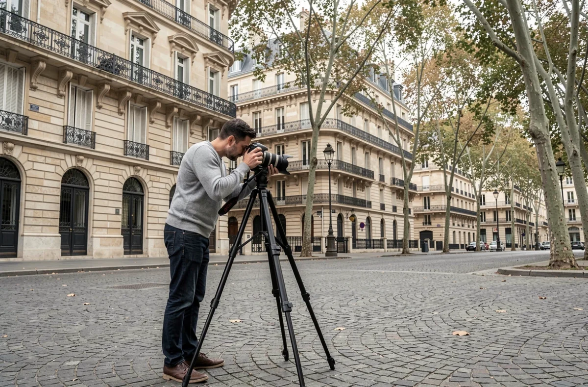 Photographe installant son trépied sur une place de Fontainebleau avec architecture haussmannienne en arrière-plan