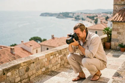 Photographe de mariage en action sur une terrasse en pierre avec vue sur la mer à Marseille