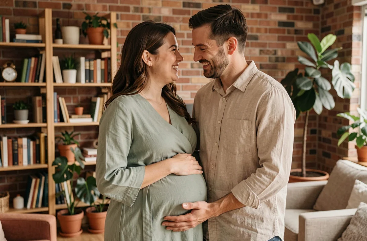 Couple complice lors d'un photoshoot maternité dans un intérieur cosy avec mur en brique et plantes