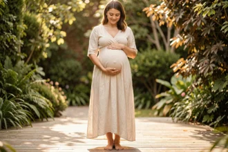 Femme enceinte en robe lin crème tenant son ventre avec le sourire sur une terrasse en bois entourée de verdure
