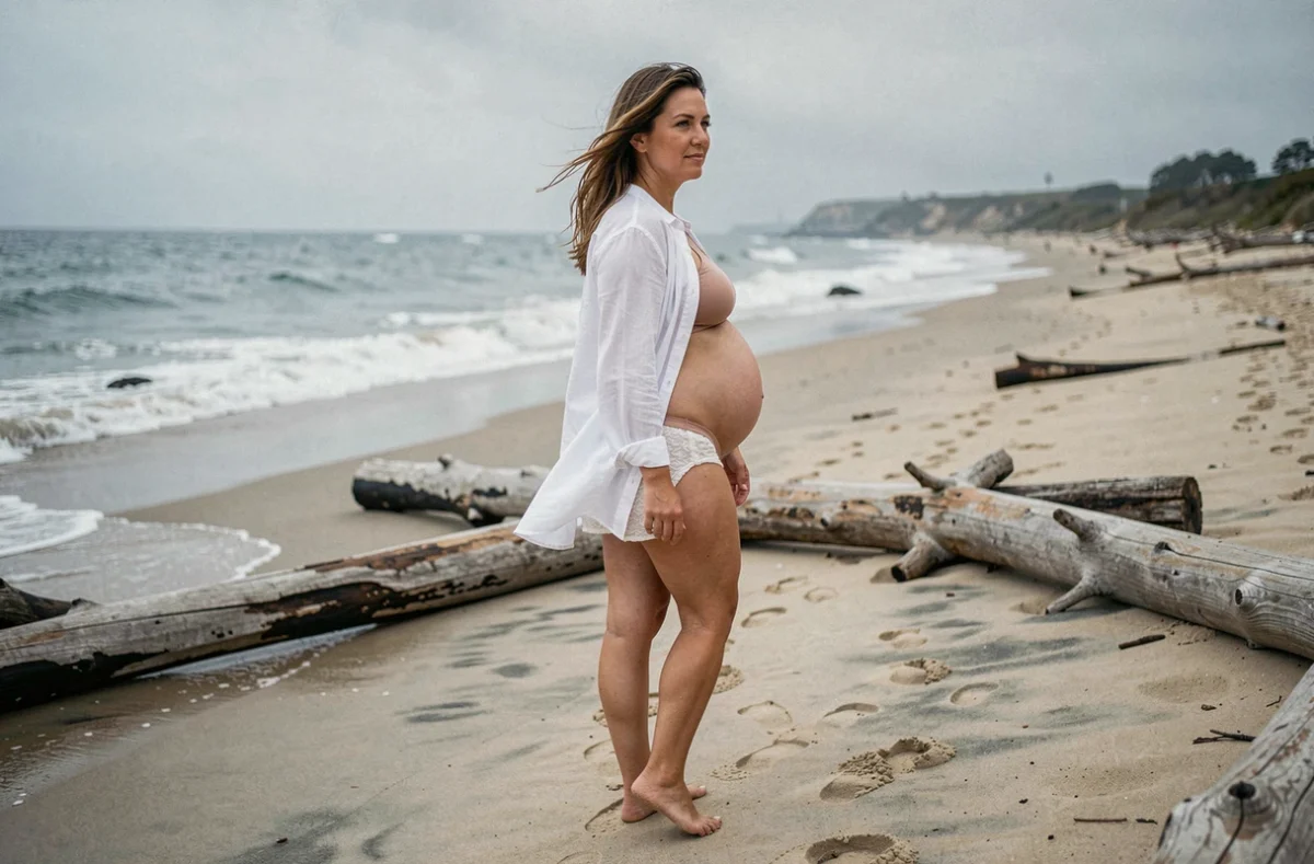 Femme enceinte en blouse blanche marchant pieds nus sur une plage naturelle avec vue sur les vagues