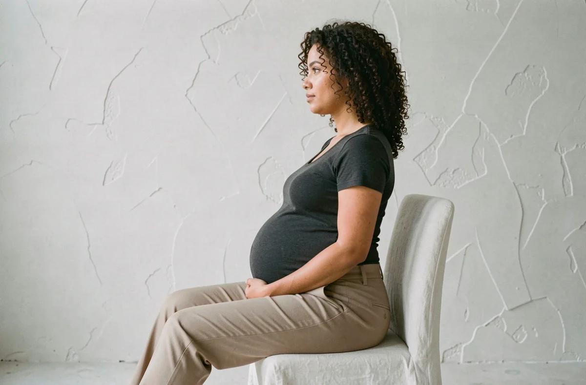 Portrait de profil d'une femme enceinte assise sur une chaise de studio blanche mettant en valeur le ventre rond
