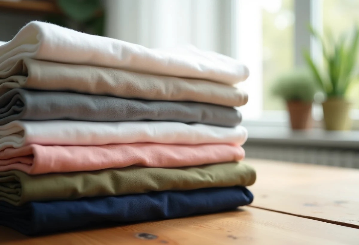 Pile de t-shirts en coton pastel et neutre sur une table