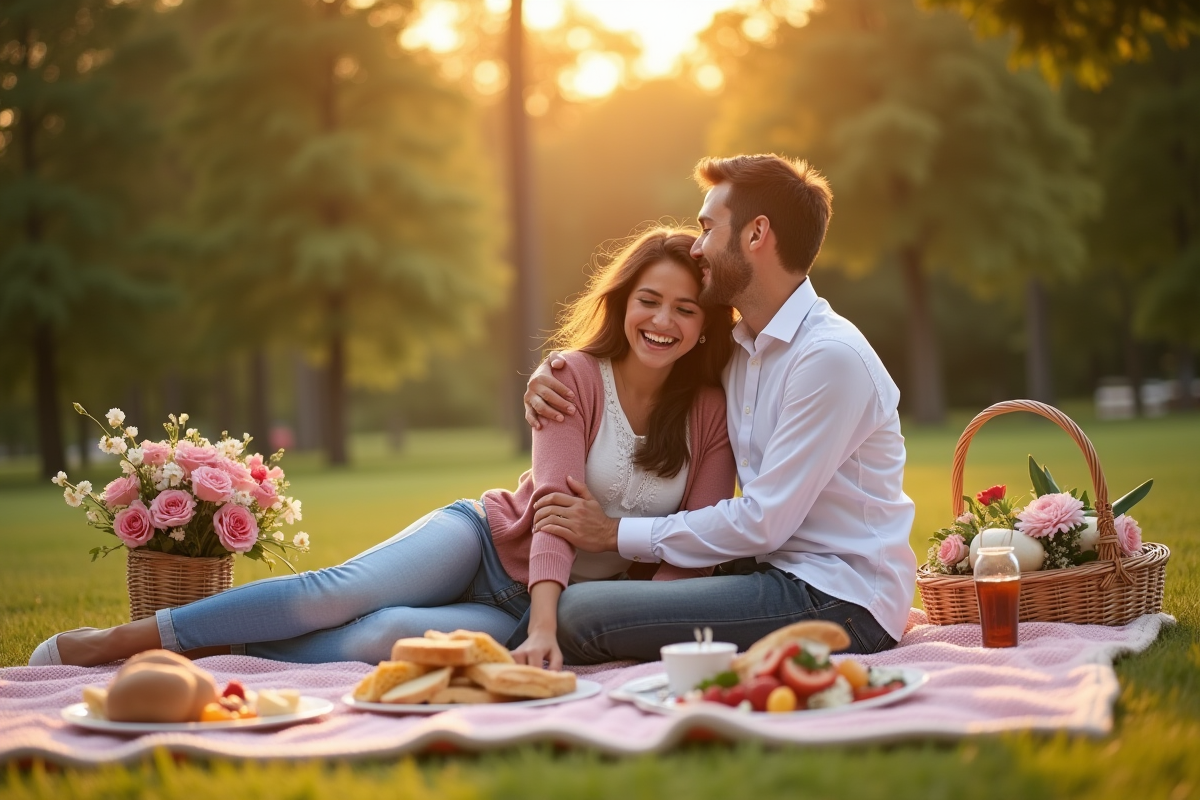 Pique-nique romantique dans un parc ensoleille avec couple heureux