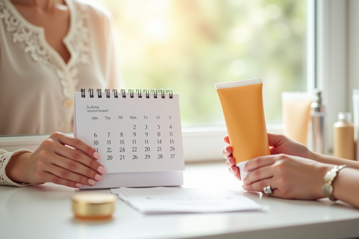 Mains féminines tenant calendrier et crème solaire sur coiffeuse lumineuse