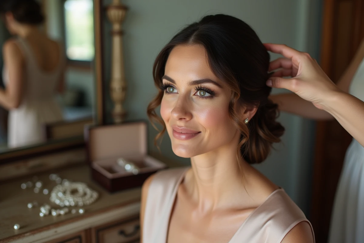 Portrait en gros plan d'une demoiselle d'honneur pendant la mise en place de sa coiffure par une professionnelle