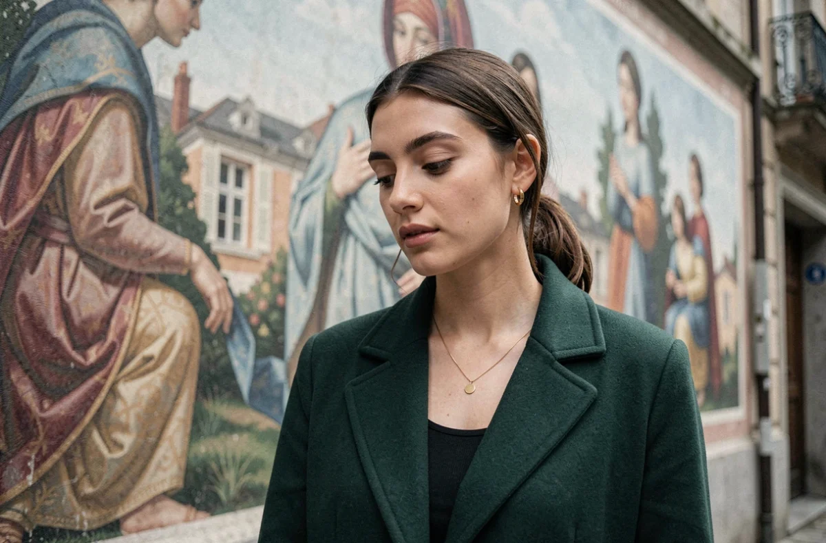 Portrait artistique d'une jeune femme devant une fresque murale à la Croix-Rousse à Lyon, prise par un photographe professionnel lyonnais