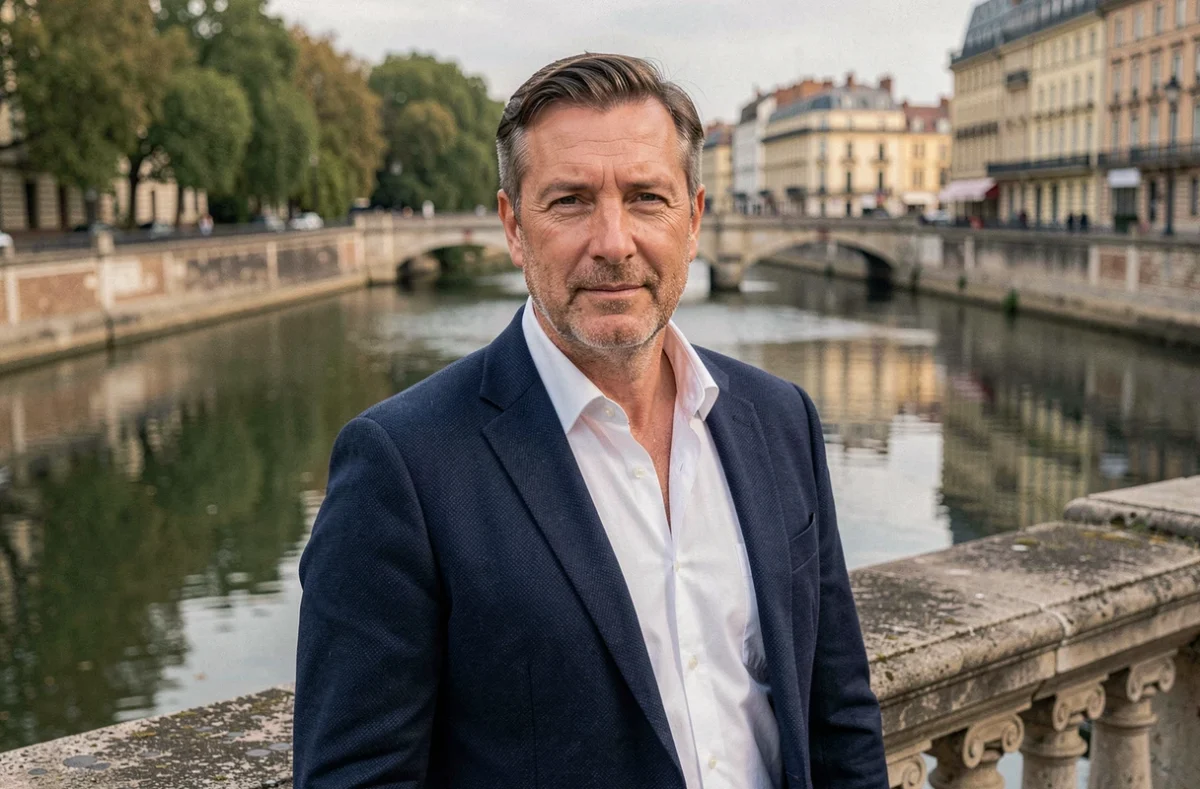 Portrait professionnel d'un homme en veste marine sur un pont au bord de la Saône à Lyon, photographié par un professionnel local