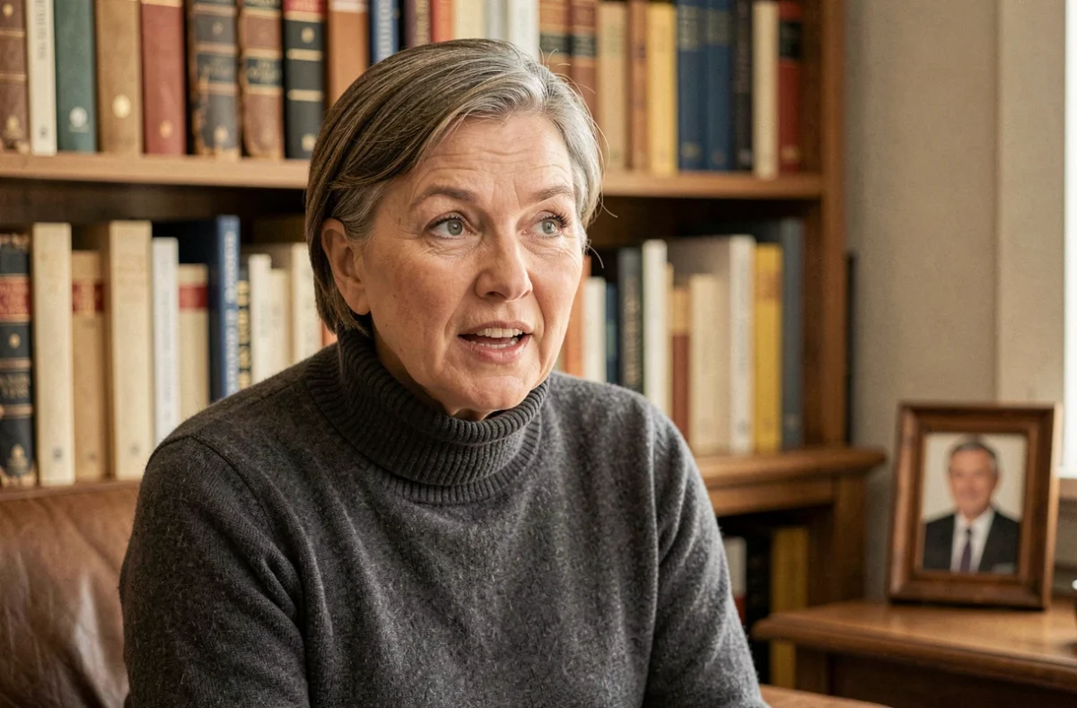 Portrait intime d'une journaliste mature dans un salon bibliothèque, expression sincère lors d'une confidence rare