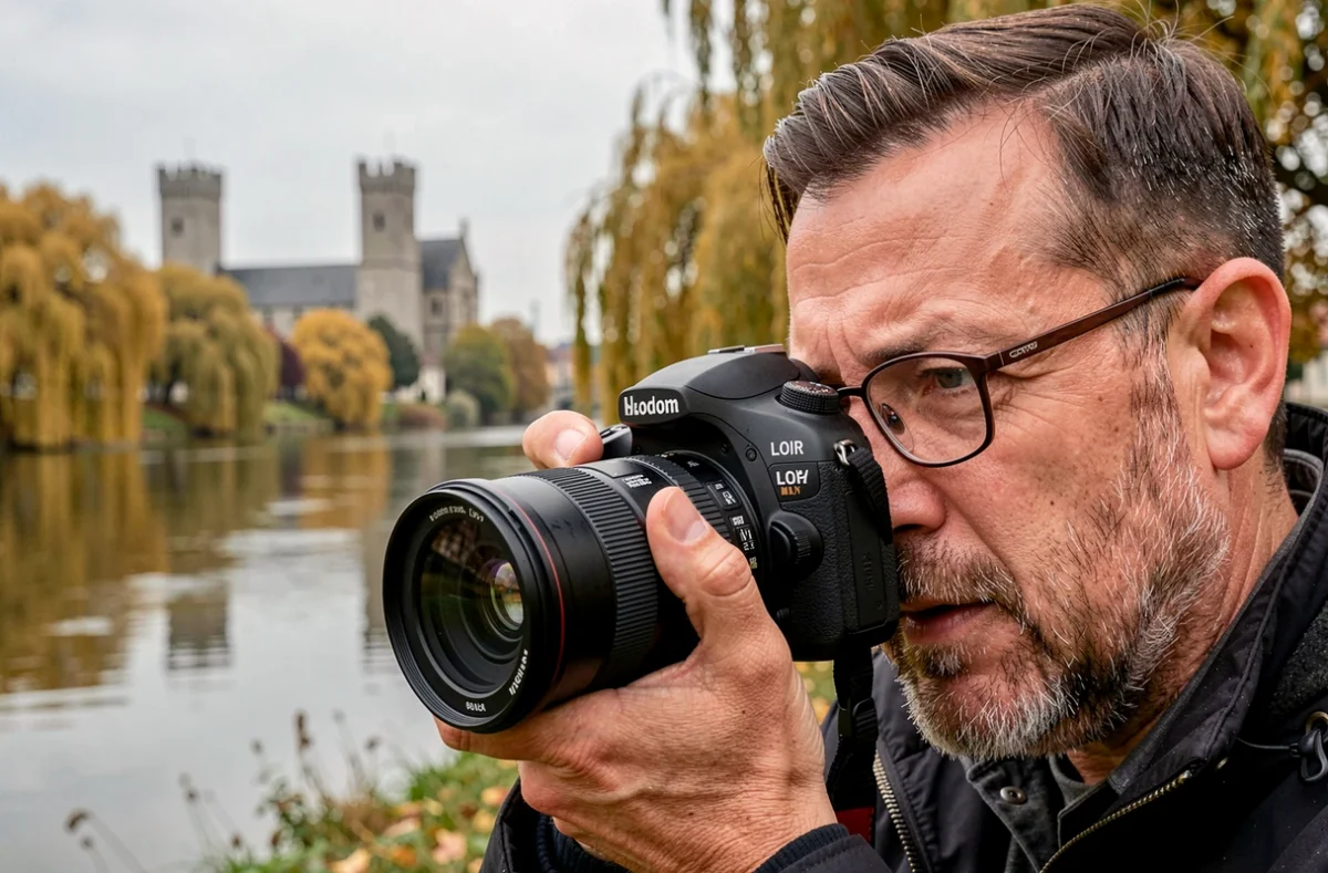 Portrait en gros plan d'un photographe regardant dans son viseur au bord du Loir à Vendôme en automne