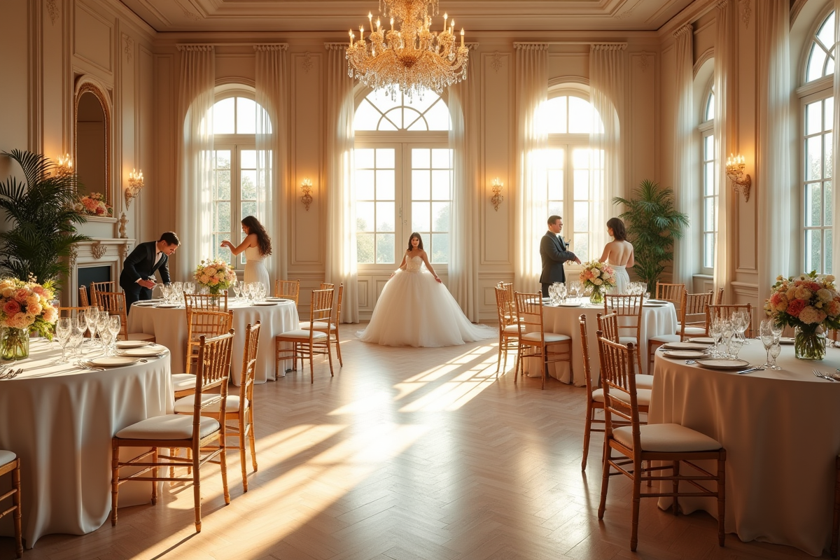 Équipe préparant la salle de mariage en matinée ensoleillée