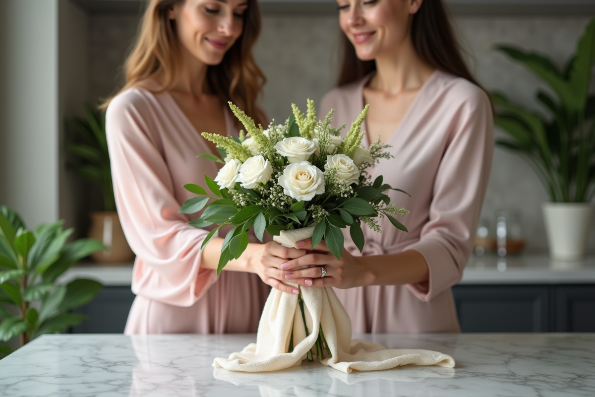 Deux femmes préparant un bouquet de mariage dans une cuisine moderne