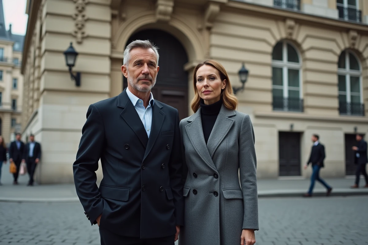 Deux professionnels des médias debout devant un bâtiment parisien en pierre aux détails architecturaux élaborés