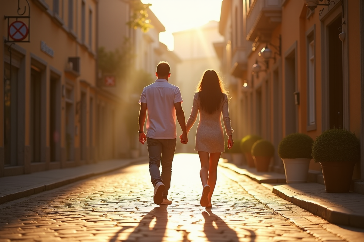 Couple marchant main dans la main dans une vieille ville européenne