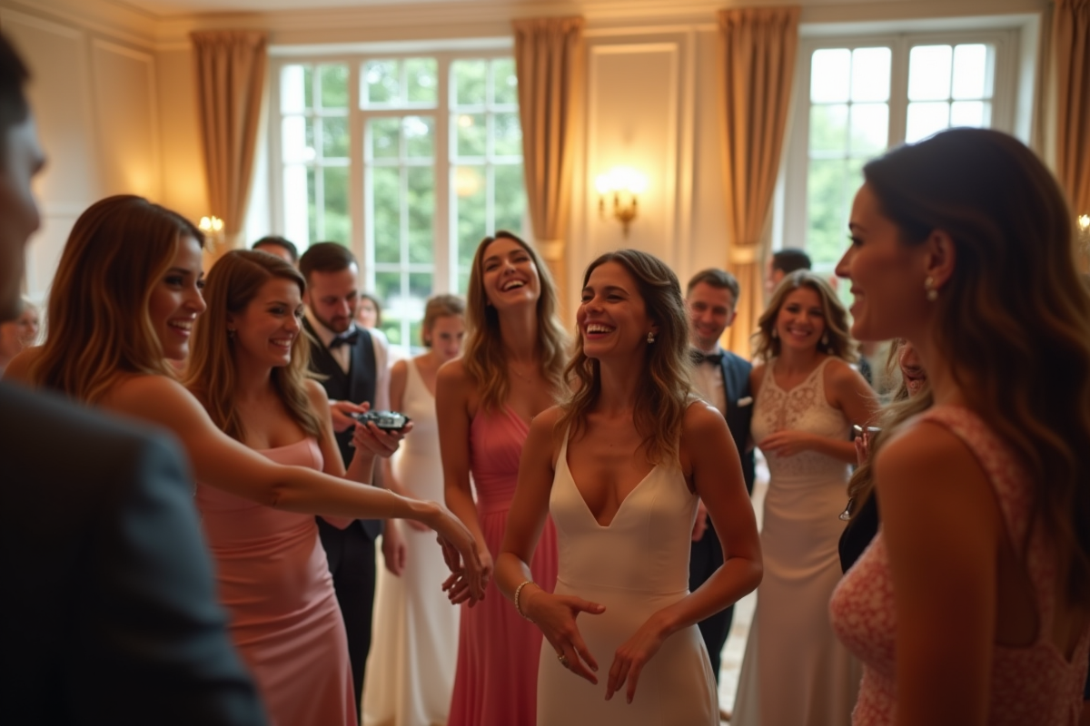 Réception de mariage élégante avec invités dansant et DJ