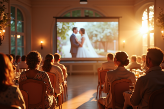 Réception de mariage dans une salle ensoleillée avec projection