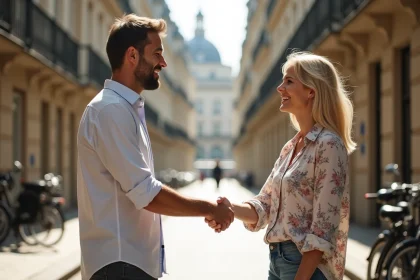 Homme et femme qui se rencontrent pour la première fois dans une rue résidentielle parisienne, sourires naturels et poignée de main amicale