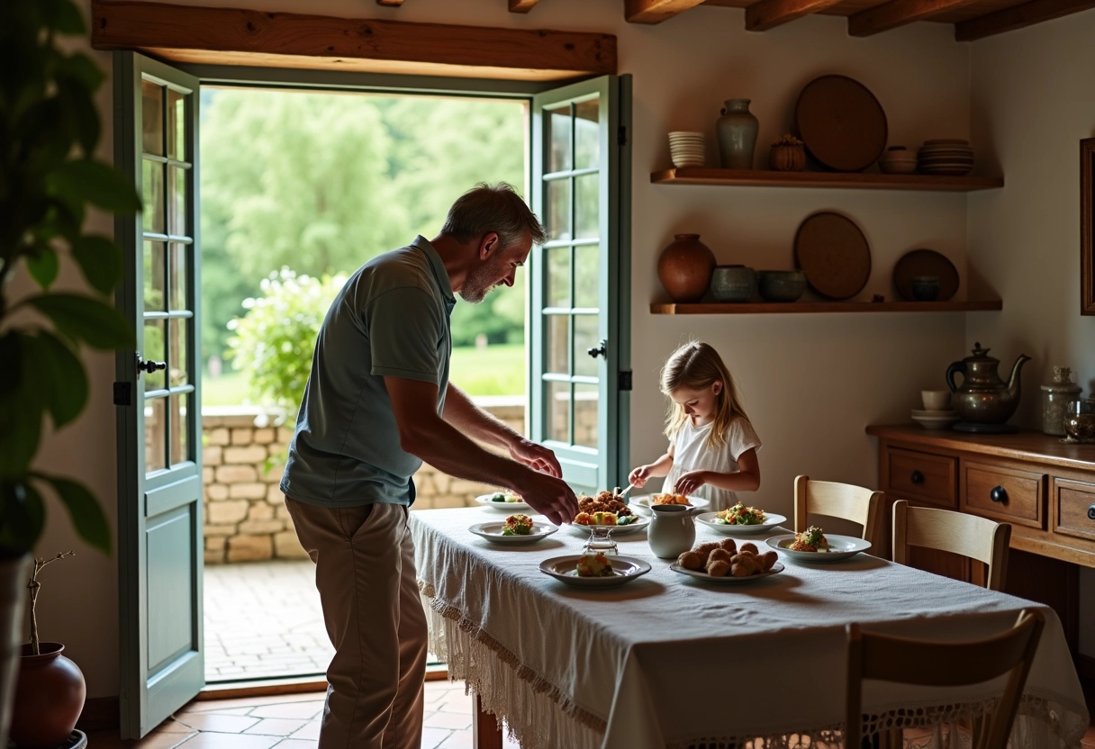 Père et fille préparant un repas dans une salle à manger rustique