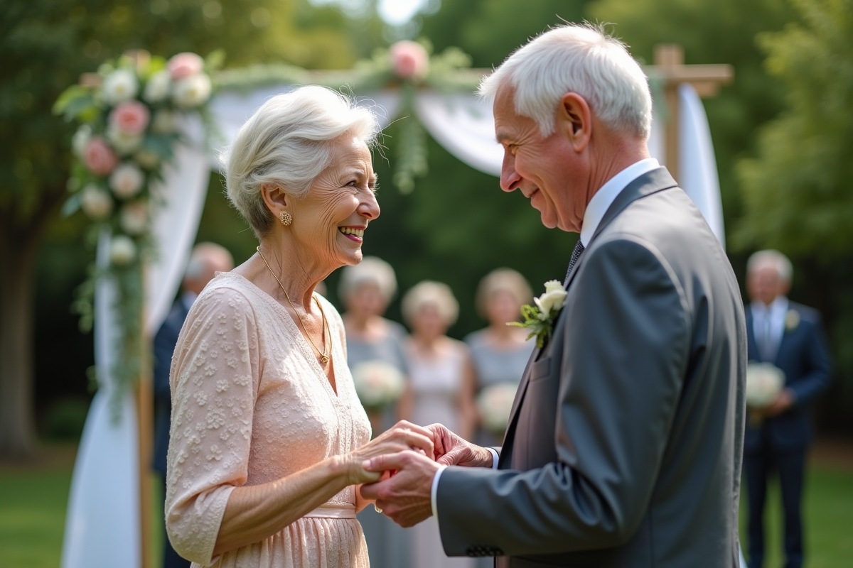 Couple âgé échangeant des anneaux en extérieur