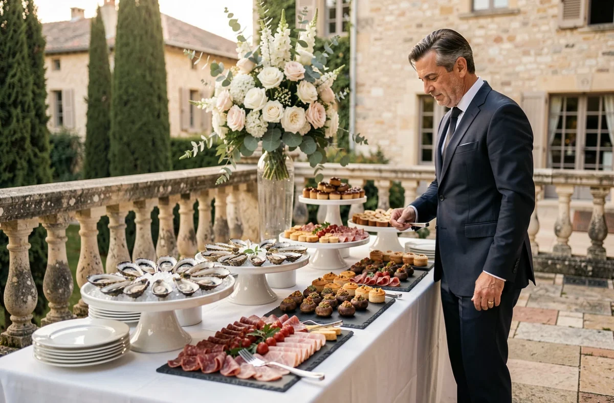 Buffet de mariage haut de gamme présenté par Reynaud Traiteur sur la terrasse d'un château de l'Hérault avec mises en bouche et plateaux raffinés