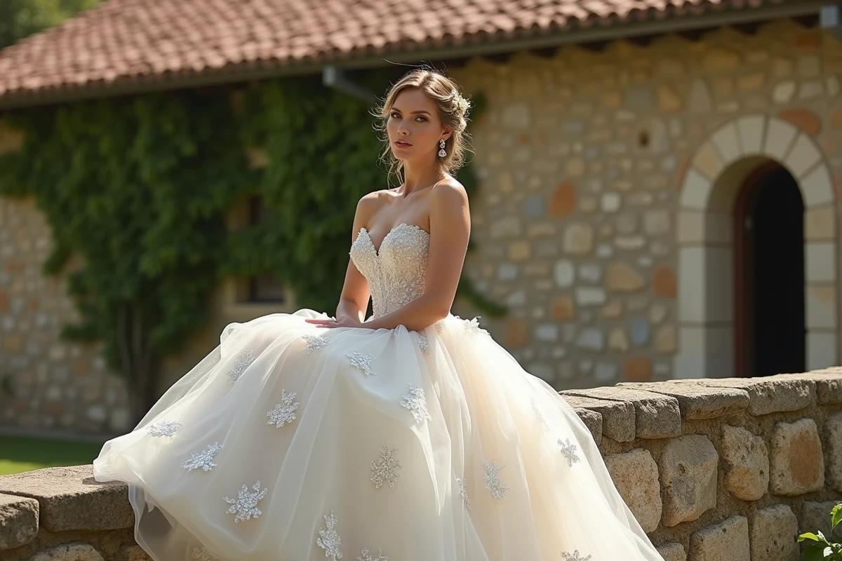 Mariée en robe de bal princesse ivoire à sequins argentés assise devant une chapelle de campagne pour un mariage bohème chic