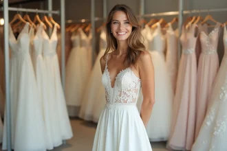Femme en robe de mari&eacute;e &eacute;l&eacute;gante dans une boutique