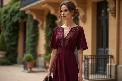 Femme élégante en robe bordeaux brodée devant une façade en pierre girondine, tenue invitée d'honneur mariage Bordeaux