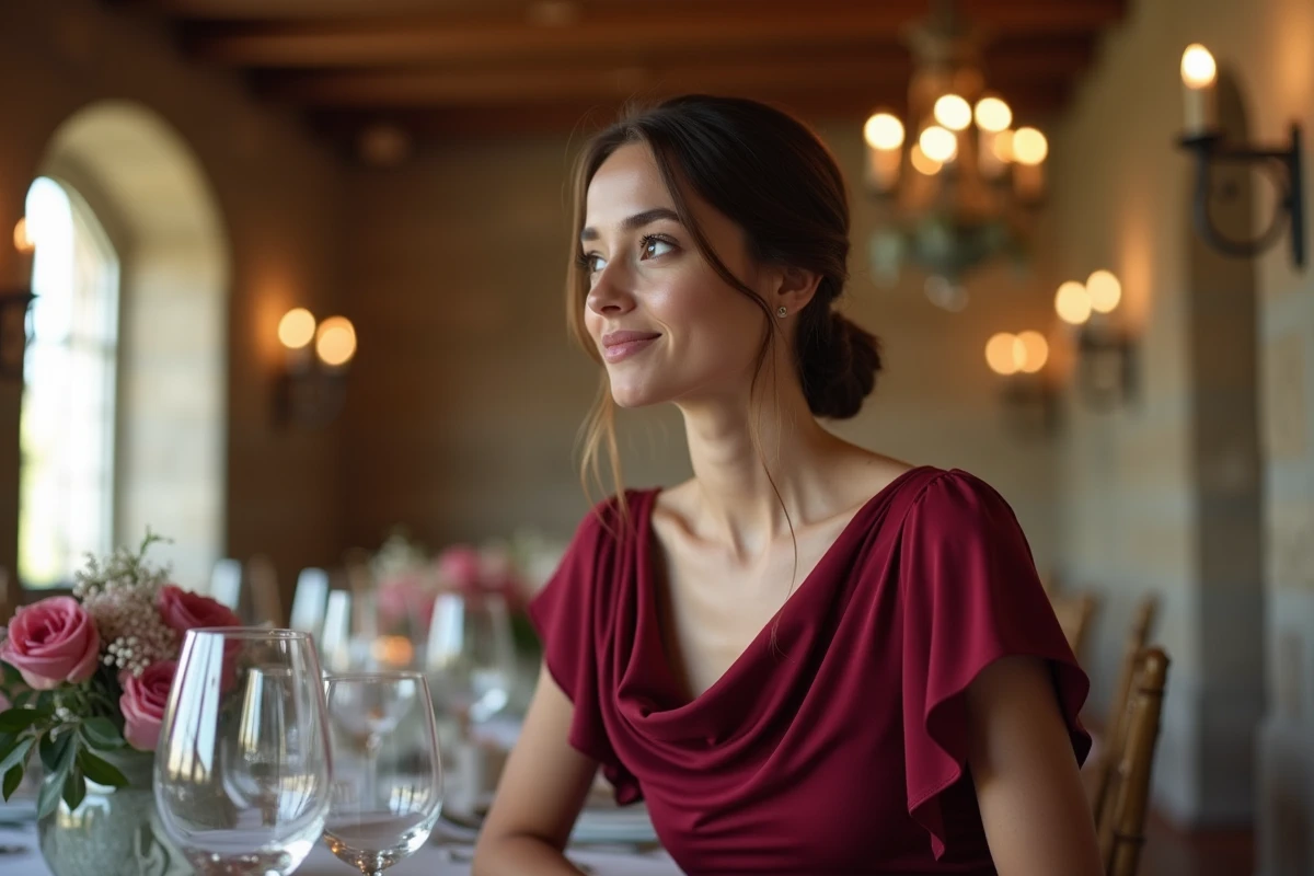 Invitée en robe rouge bordeaux drapée assise à une table de réception de mariage dans un château bordelais