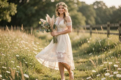 Femme en robe de mariée courte bohème en dentelle ivoire dans un champ de fleurs sauvages
