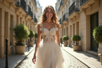 Jeune femme souriante en robe de mariage moderne dans Paris