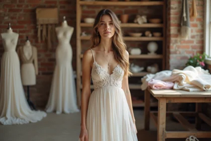 Mariée en robe bohème portée dans l'atelier d'une créatrice locale entourée de tissus et d'accessoires artisanaux