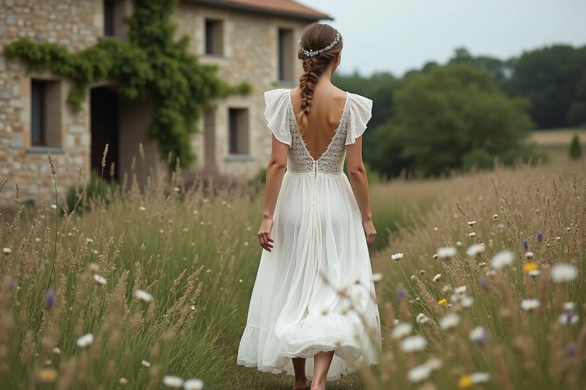 Mariée en robe bohème au milieu d'une prairie fleurie près d'une ferme en pierre typique du sud de la France