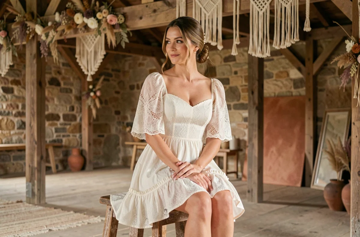 Mariée en robe courte bohème à volants et manches fluides assise dans une grange rustique décorée