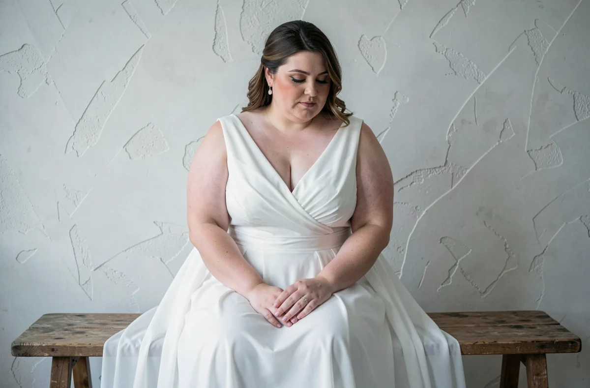 Mariée grande taille en robe blanche en mousseline assise en studio minimaliste, silhouette valorisée avec élégance