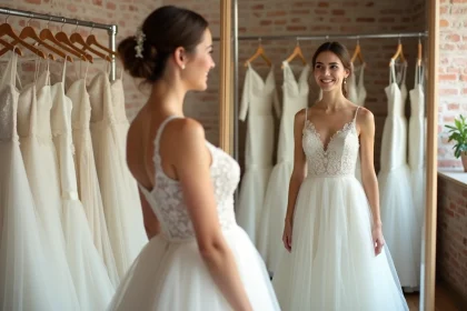 Jeune femme essayant une robe de mariée pas chère dans une boutique de robes de mariée d'occasion
