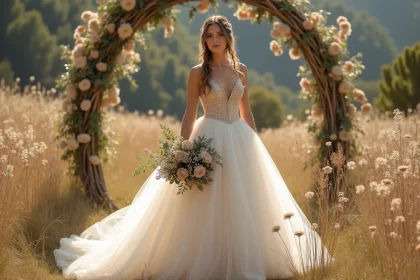 Robe de mariée princesse bouffante à sequins dorés portée dans une prairie sauvage lors d'un mariage bohème chic