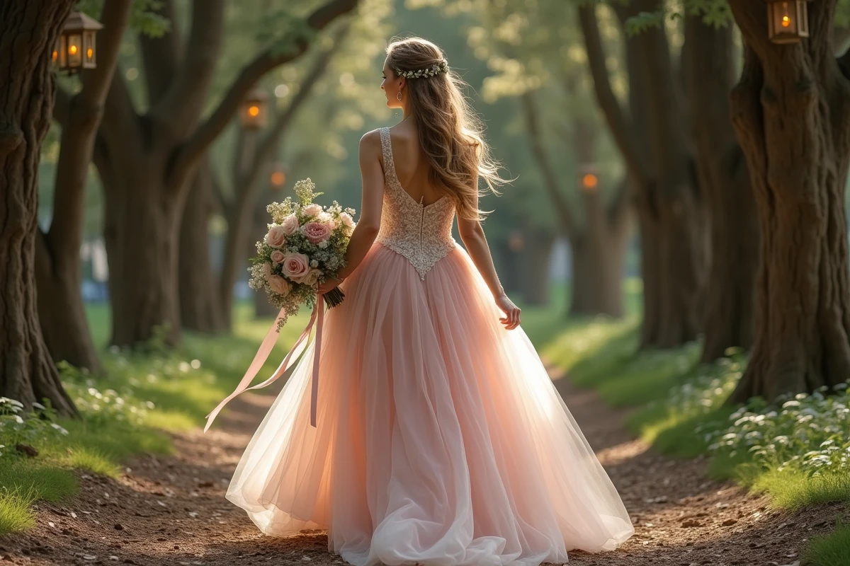 Robe de mariée princesse bouffante en tulle pailleté rose et corset en dentelle portée dans une forêt pour un mariage bohème romantique