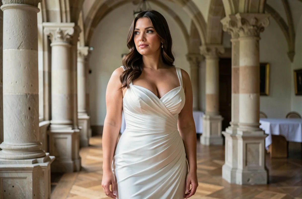 Femme ronde en robe de mariée sirène blanche dans un château élégant, mise en valeur des courbes avec grâce