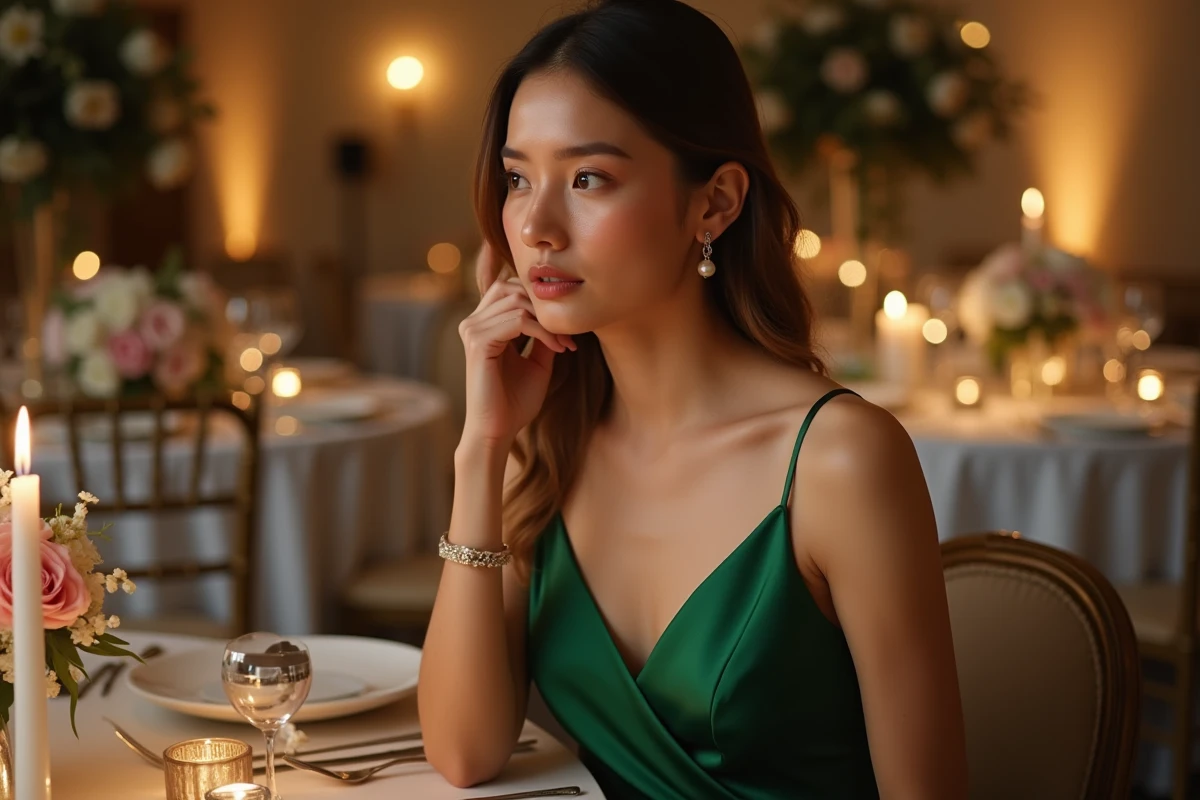 Femme en robe verte émeraude satin à une réception de mariage avec bijoux dorés et escarpins argentés