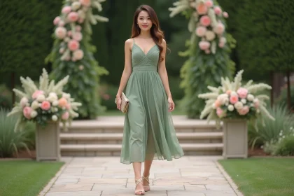 Femme portant une robe verte sage pour un mariage avec sandales nude et pochette dorée dans un jardin fleuri