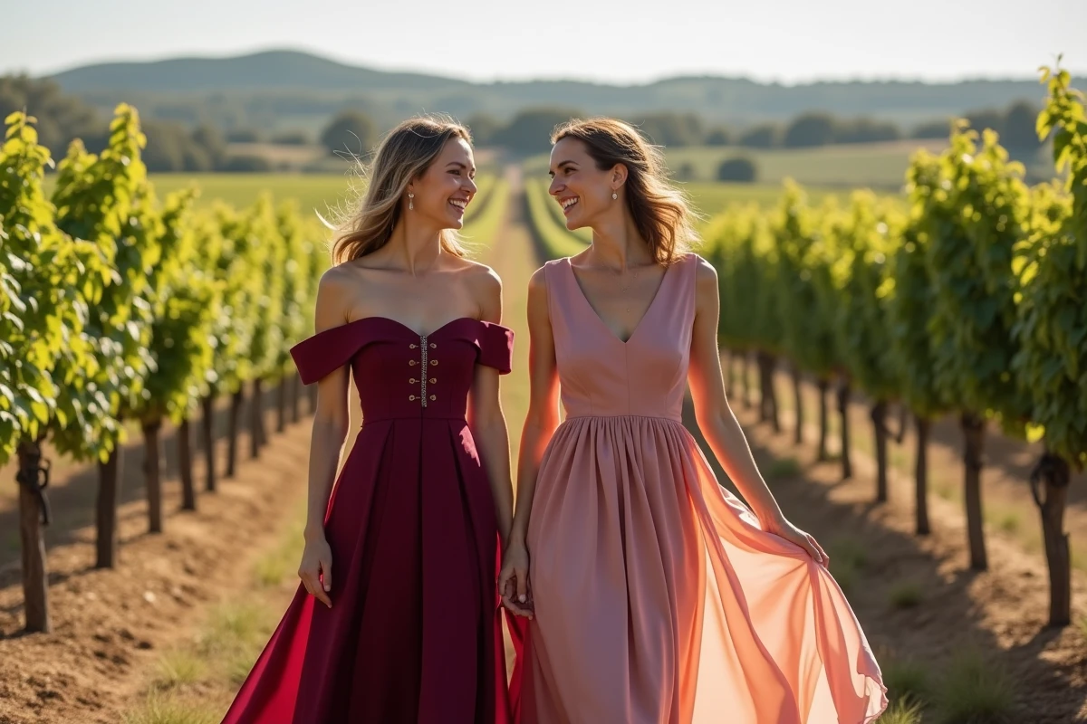 Deux invitées en robes élégantes prune et rose poudré riant dans un vignoble bordelais lors d'un mariage