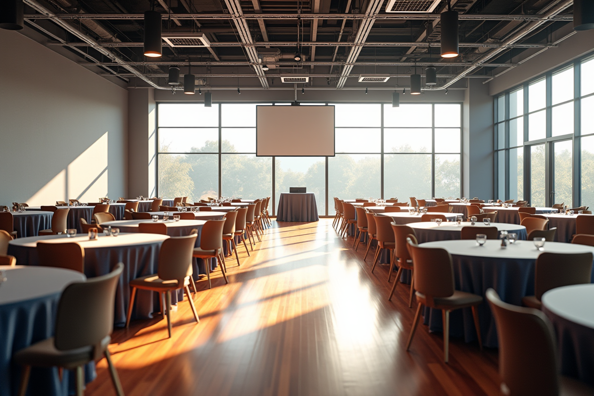 Salle de conférence moderne avec tables rondes lumineuses
