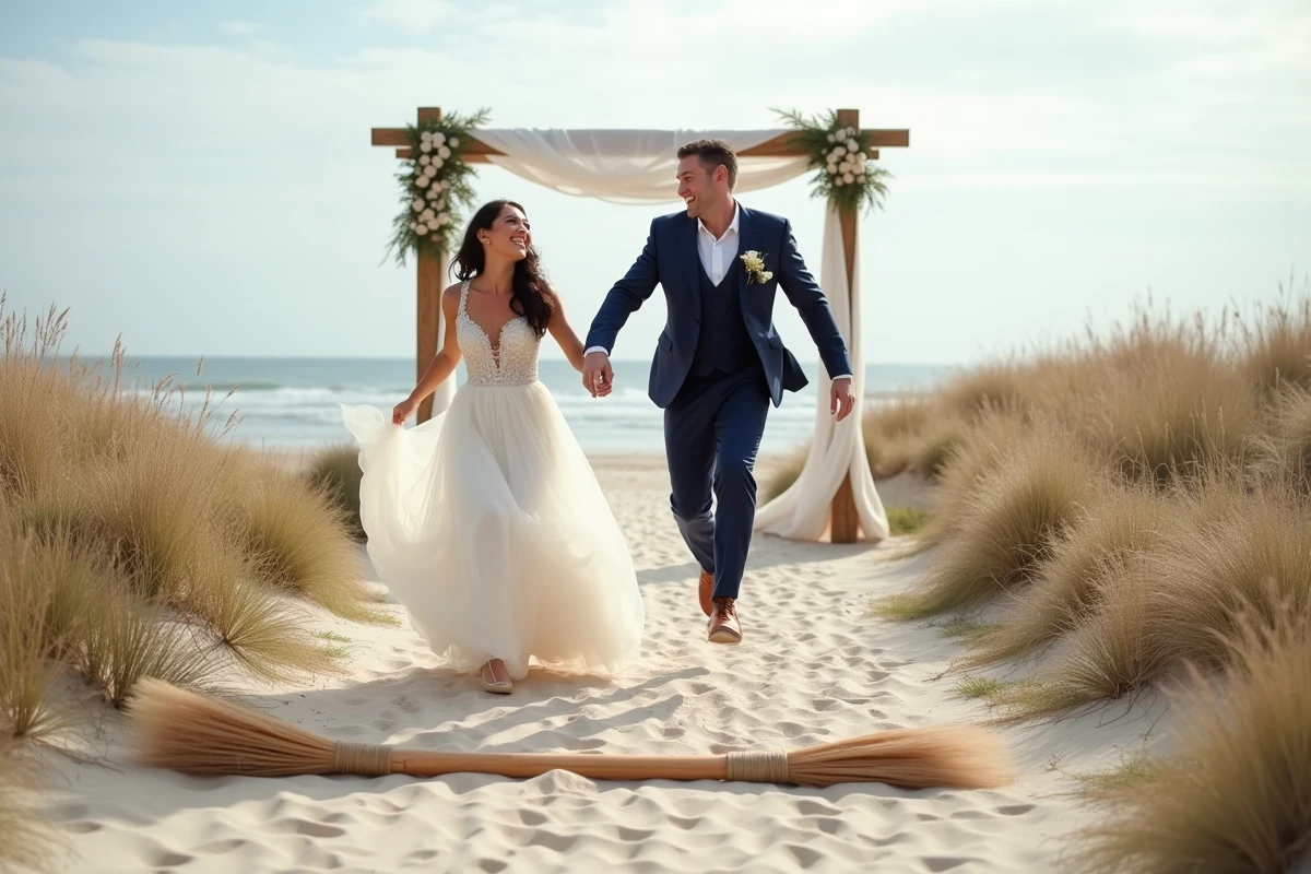 Couple de mariés sautant par-dessus un balai de mariage lors d'une réception en plein air en bord de mer
